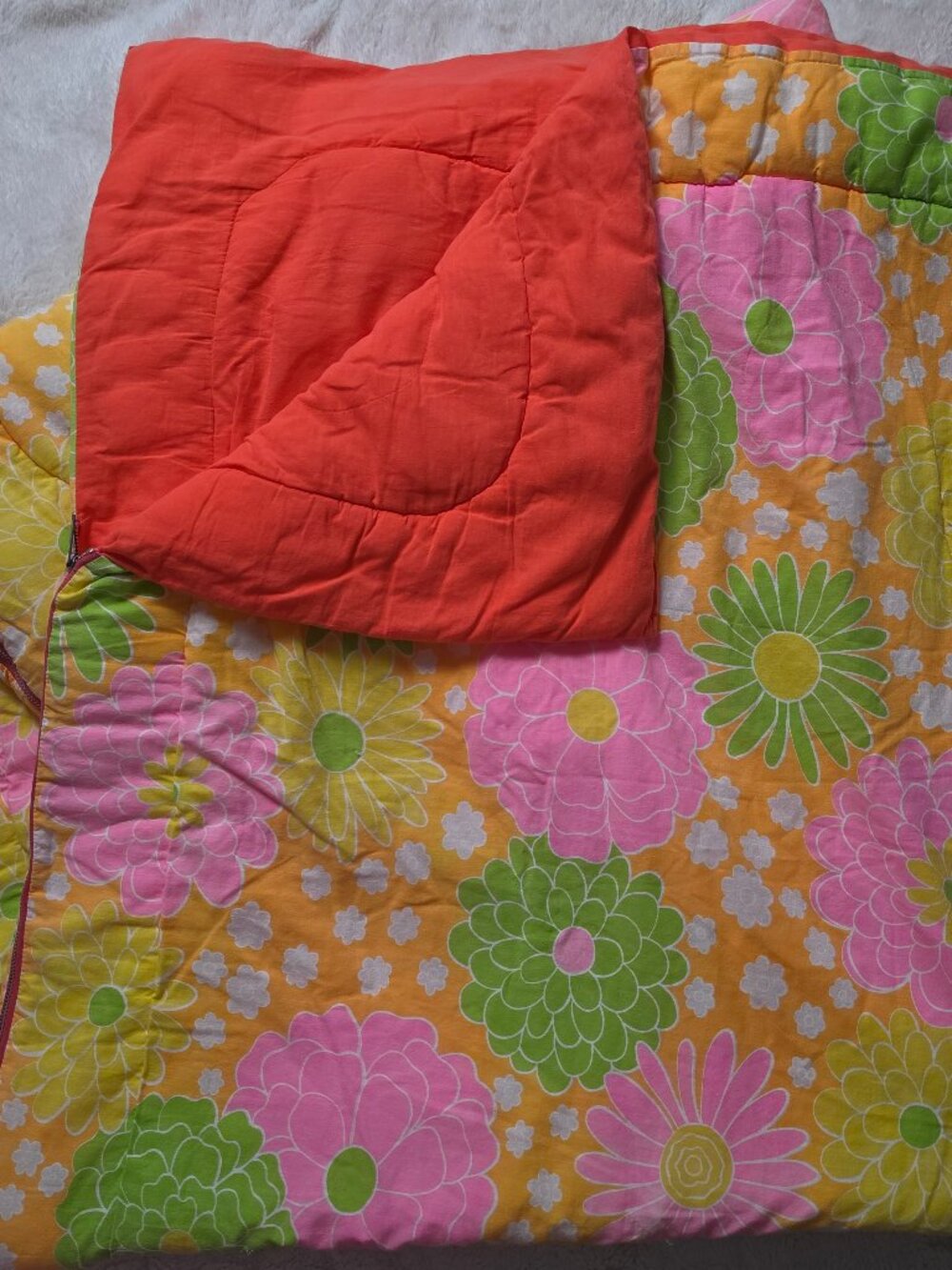 VTG 1970s Sears Dura-Puff Floral Sleeping Bag Blanket Orange Pink Green Daisy